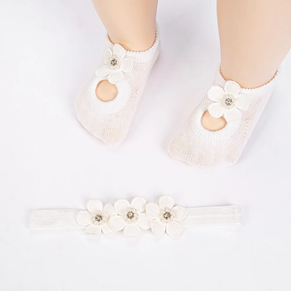 

0-1Y Socks Headband Set Baby Girls Anti-slip Floor Socks Cute Flowers Headband Toddler White Floral Socks Newborn Baptism Gift