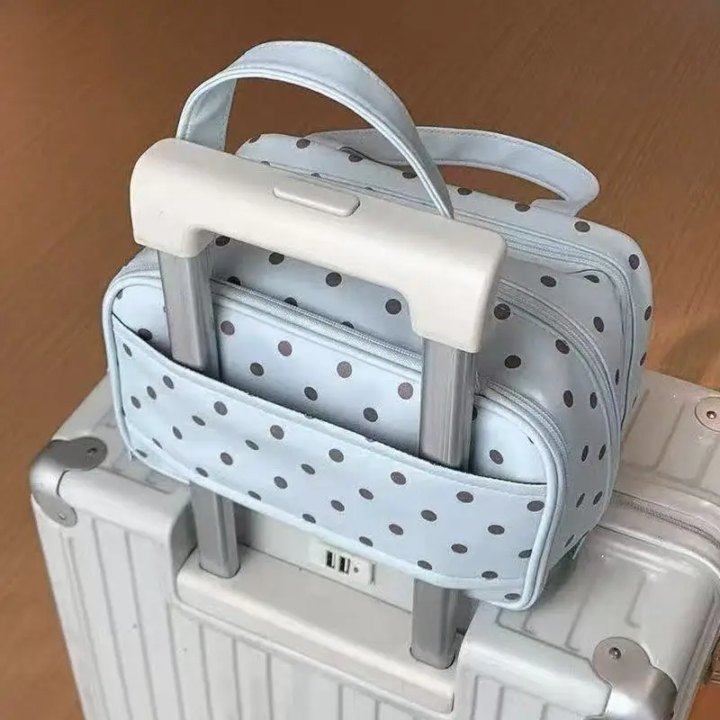 Koreanischer Stil, Minzfarbene Kaffeetasse mit Punkten, Kosmetiktasche, dreilagiger Organizer mit großem Fassungsvermögen, Reise-Toilettentasche, kann am Gepäck befestigt werden, Geschenk. – Detail 8