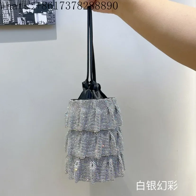 Small fresh diamond-encrusted rhinestone chain pleated bucket bag and cross-body bag on one shoulder