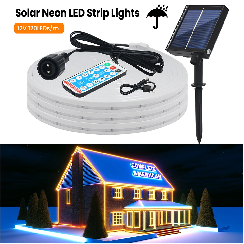 Solar Neon LED Strip DC 12V High Bright 120 LEDs/m Flexible Ribbon Rope Light for Home Kitchen Cabinet 0.5m 1m 2m 3m 4m 5m