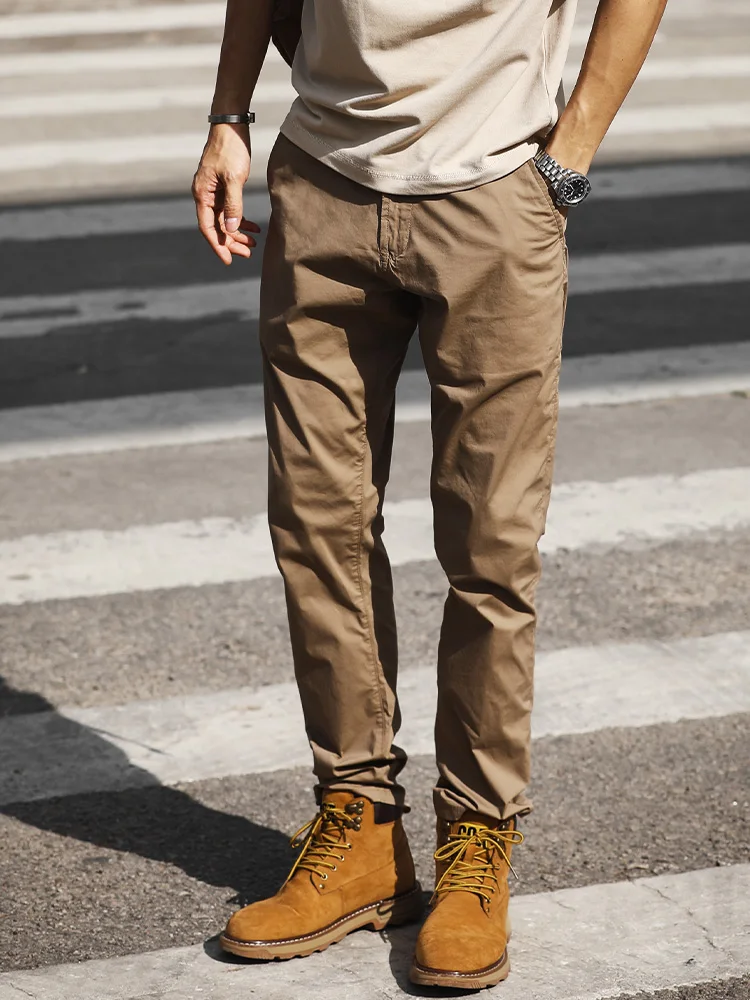 

Мужские летние тонкие эластичные длинные брюки цвета хаки в американском стиле ретро, элитные тонкие прямые повседневные брюки