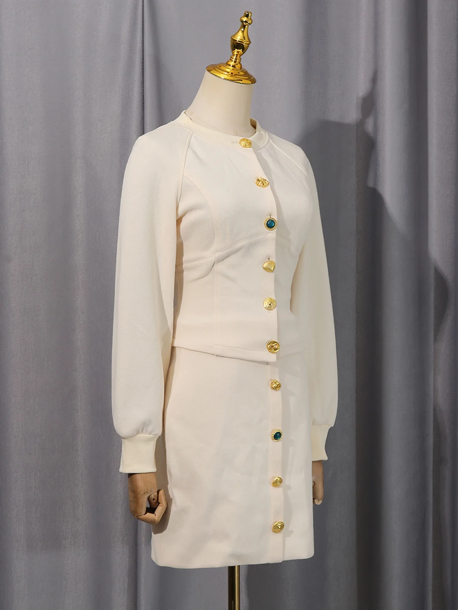 ชุดเซ็ทสองชิ้นสไตล์ออฟฟิศ VGH สำหรับผู้หญิง เสื้อคาร์ดิแกนคอโอ แขนยาว แต่งผ้าลูกไม้ด้านหลัง กระโปรงมินิสั้นเอวสูง ชุดสูทสีพื้นสำหรับผู้หญิง