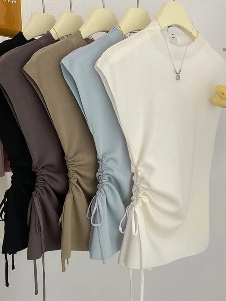Slim Fit Ice Silk T-Shirt Women's New Korean Style Drawstring Short Sleeve Knitted Base Shirt Trendy Top round Neck Short Sleeve