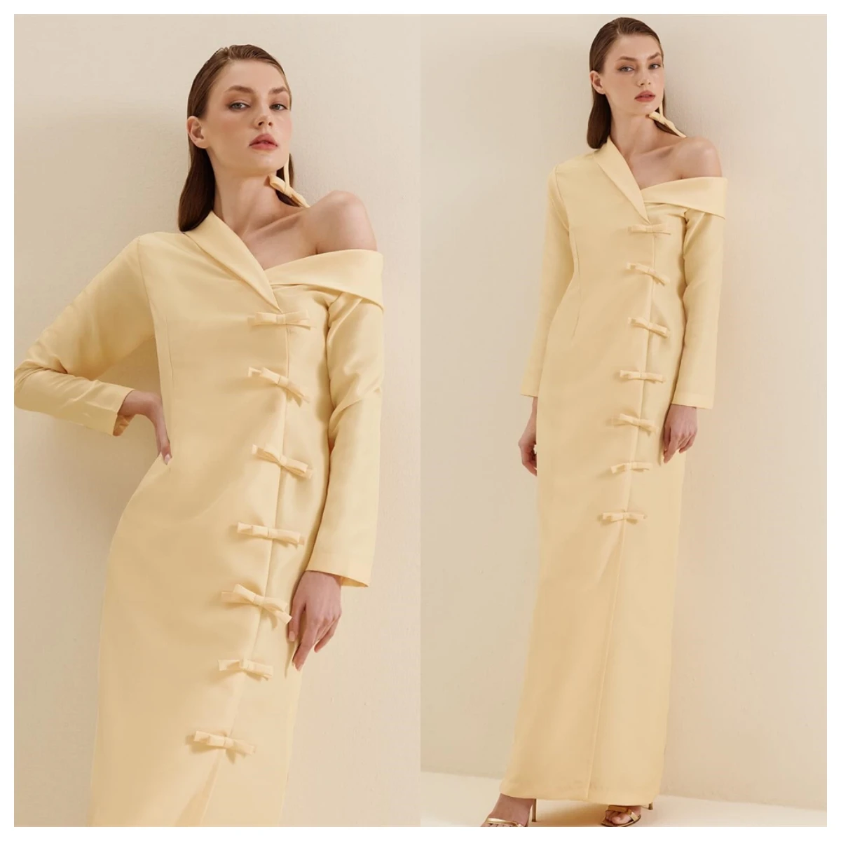 

Customized Fashion Yellow Jersey Evening Dress One Shoulder Long Sleeves Bow Special Occasion Gowns High Quality Party