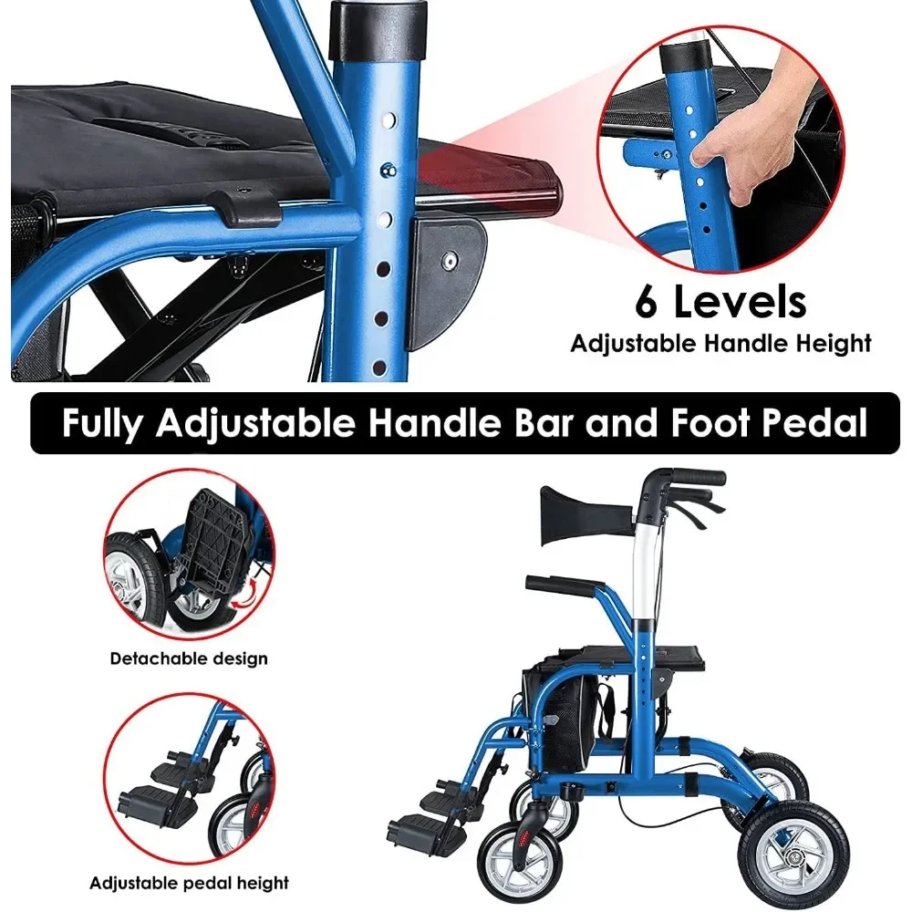 Rollateur 2 en 1 pour personnes âgées, trotteur médical avec siège, fauteuil roulant de transport pliant, grand arrière en PU de 10 po