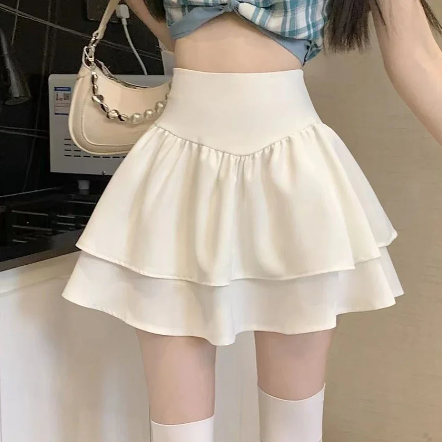 

Korean Version of Summer High Waist Pleated Mini Dress A Word Fluffy Thin Solid Color Female Skirt