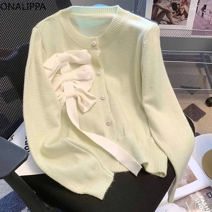 Onalippa Slouchy Style Bows Knitted Cardigan Women Gentle Wind Single Breasted Cardigans French Style Long Sleeves Sweater