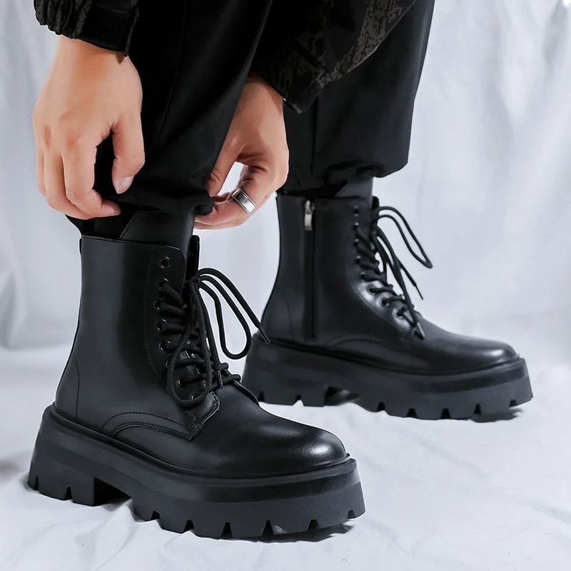 

men's casual hip hop rock high motorcycle boots brand designer platform shoes cowboy genuine leather boot autumn winter botas