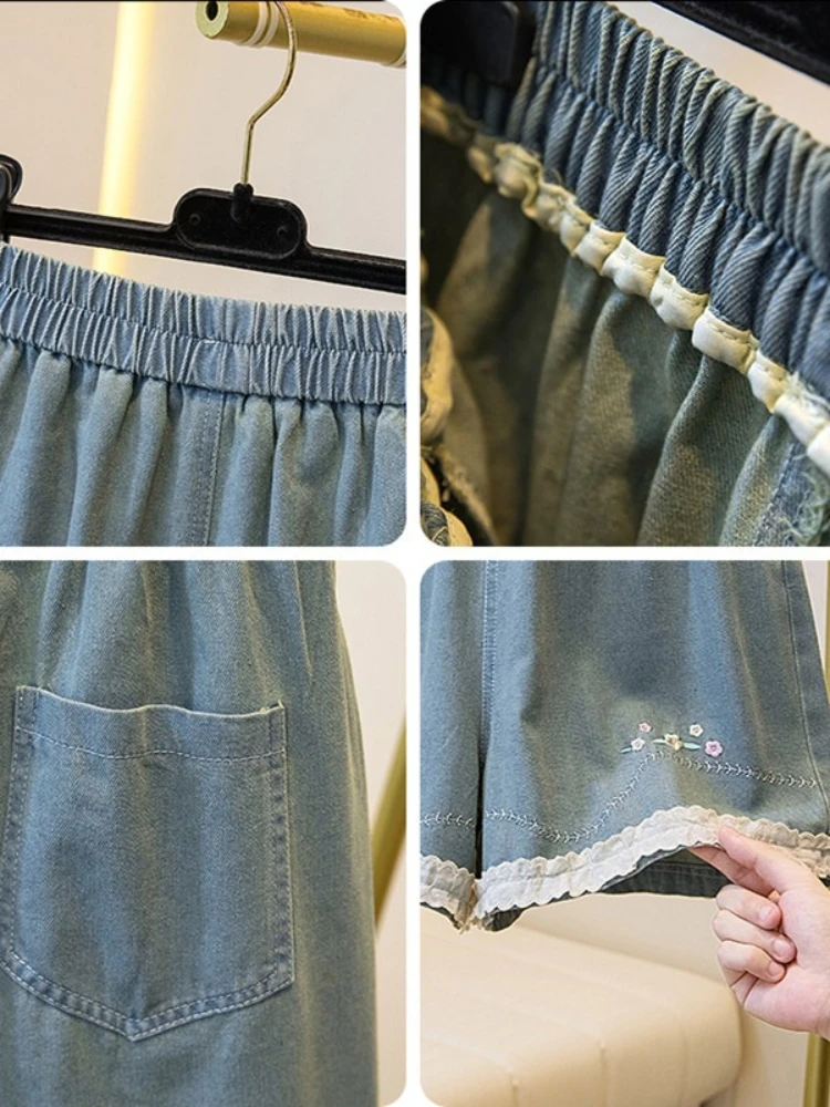 Damskie szorty jeansowe z koronkowym haftem, letnie, nowe, z wysokim stanem, cienkie, luźne, designerskie, modne, z szerokimi nogawkami, długość do połowy łydki.
