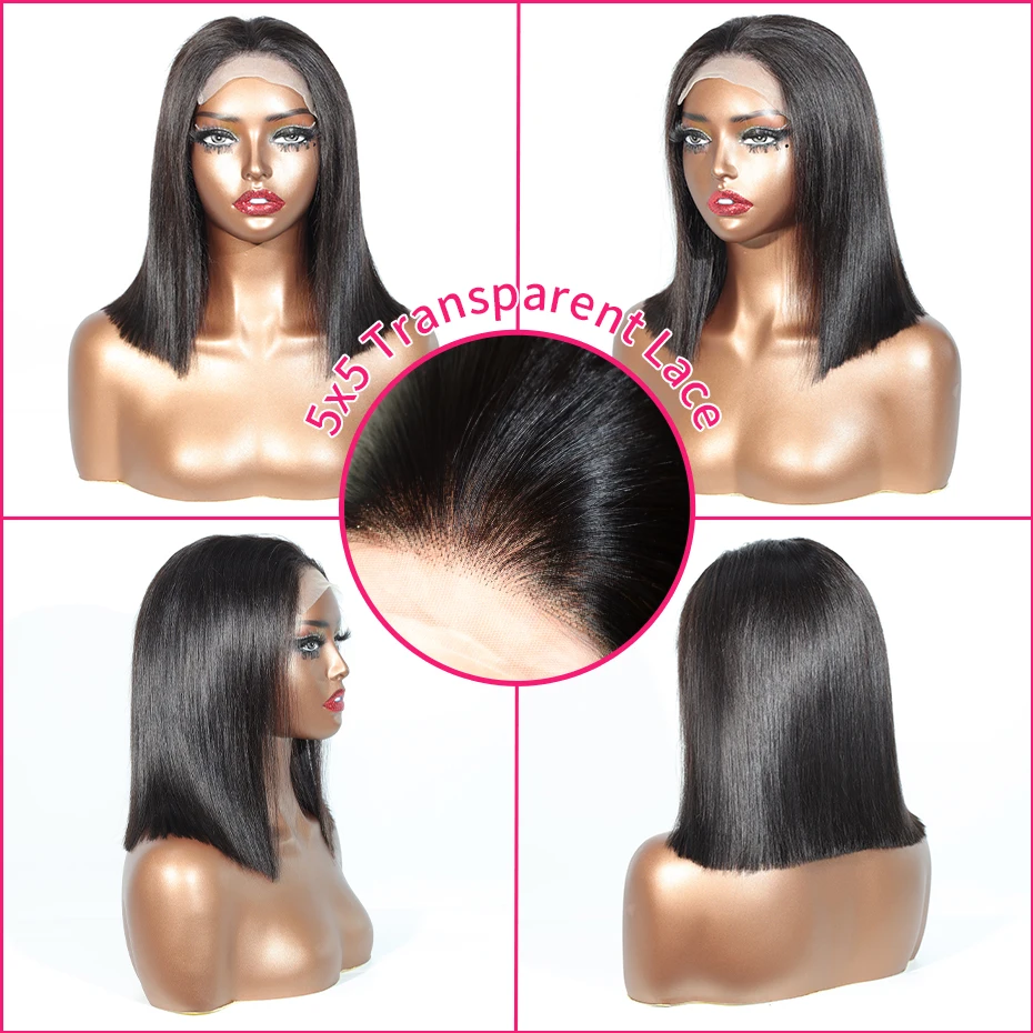 

Прозрачный парик Bob Lace без клея, плотность 250, 5x5, из натуральных черных необработанных вьетнамских волос, 13x4 Lace Frontal Wig, 100% человеческие волосы