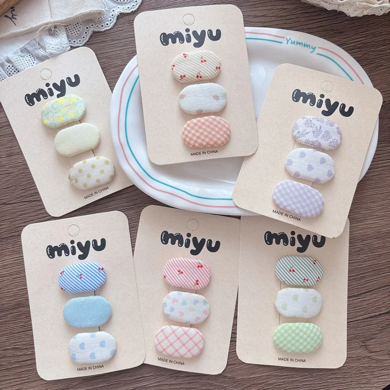 3Pcs Girls Fabric BB Hair Clips Korean Sweet Floral Stripe Plaid Snap Barrettes Cute Baby Bangs Clips Kids Hair Accessories Sets