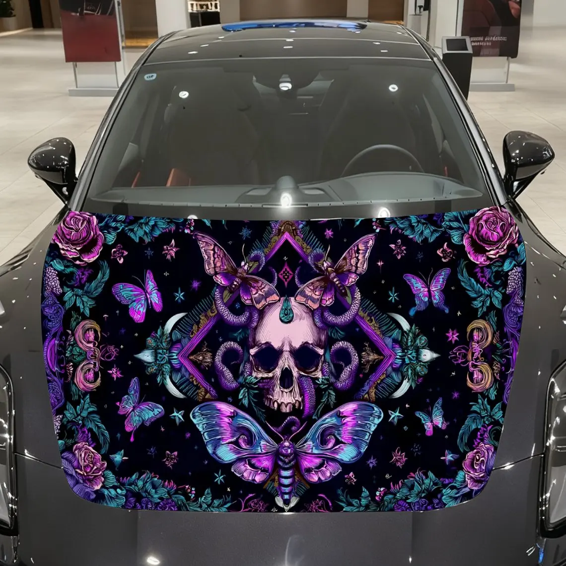 Psychedelic Aesthetics Neon Skull, Snake and Butterfly Car Vinyl Wrap, PVC Material Waterproof Car Hood Sticker, Self-Adhesive S