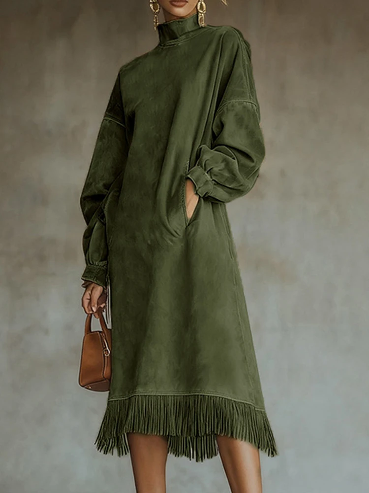 Vestido feminino cintura alta bolso borla bainha vintage imita camurça cor sólida vestido de viagem elegante gola alta solto vestido linha a