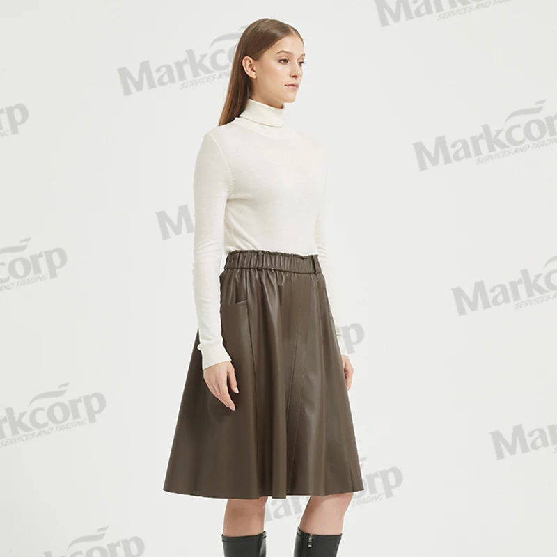 Markcorp women's versatile slimming casual sheepskin umbrella skirt with black coffee color autumn and winter half skirt