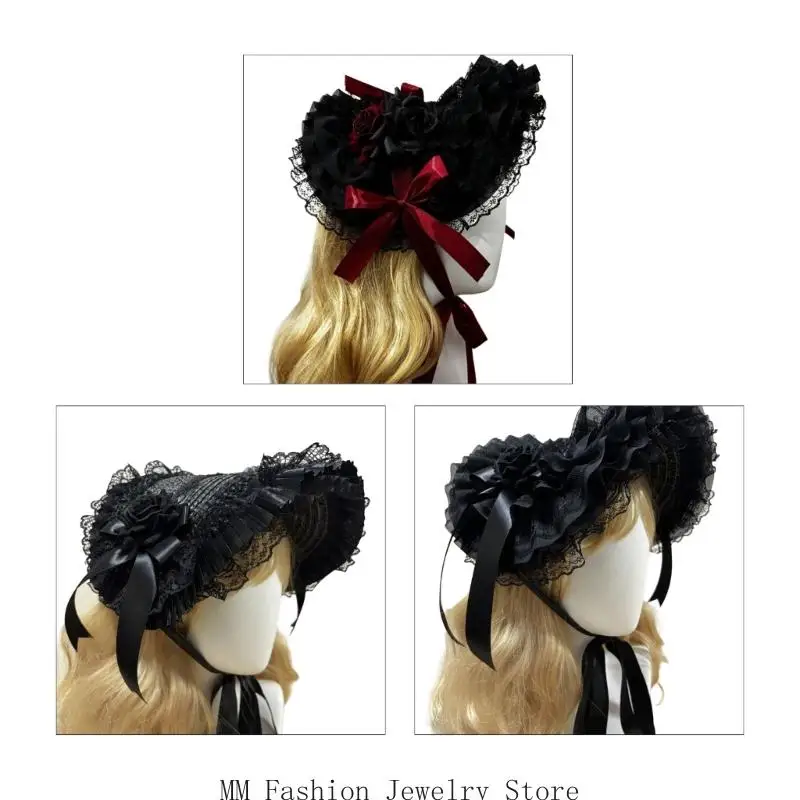 

D0UB Elegant Lace Straw Hat With Adjustable Neck Tie and Bowknot Design Punk Theme Bonnet Hat For Women Teaparty Gathering