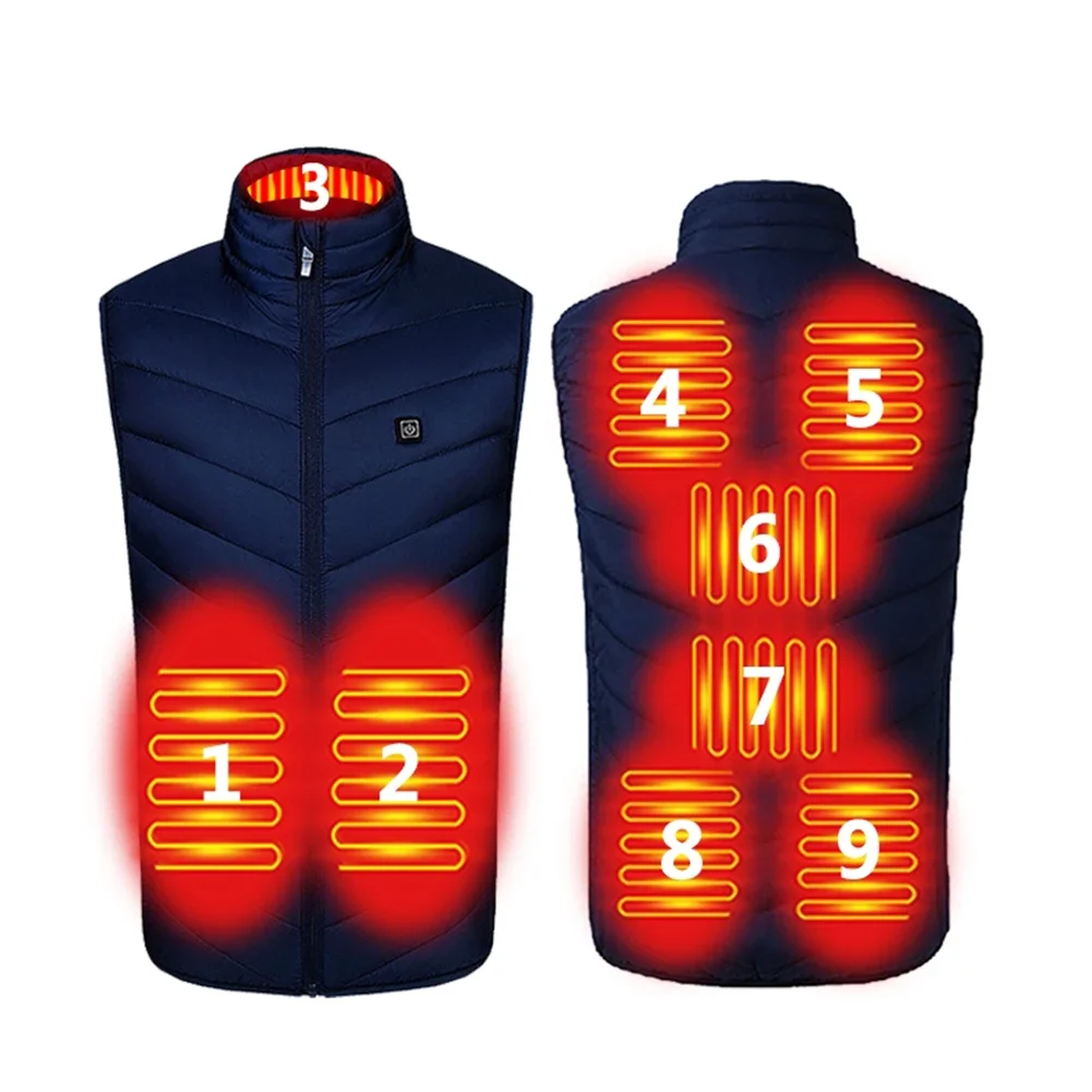 Chaleco calefactor eléctrico de 9 áreas, chaqueta con calefacción por Usb, chaleco cálido para exteriores, calentador corporal para hombres y mujeres, chalecos fríos y antifrío lavables para invierno