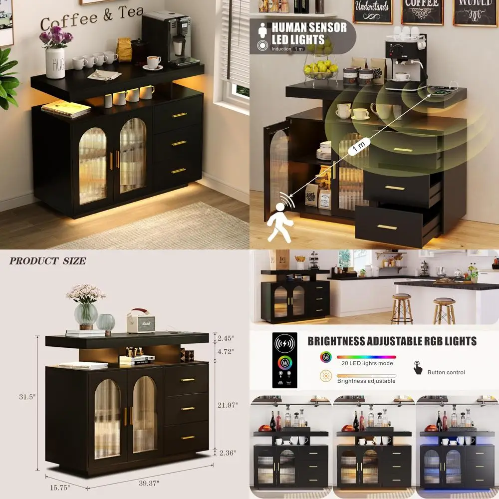 

Деревянный шкаф для кофе-бара со светодиодной подсветкой RGB и полками для хранения для кухонного шведского стола