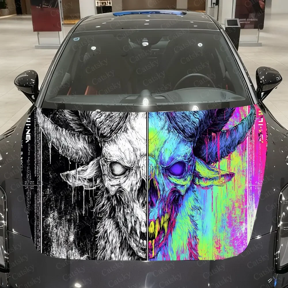 Black & Neon Demon Skull Car Vinyl Wrap, PVC Waterproof Car Hood Sticker, Self-Adhesive Scratch-Resistant Engine Cover Sticker