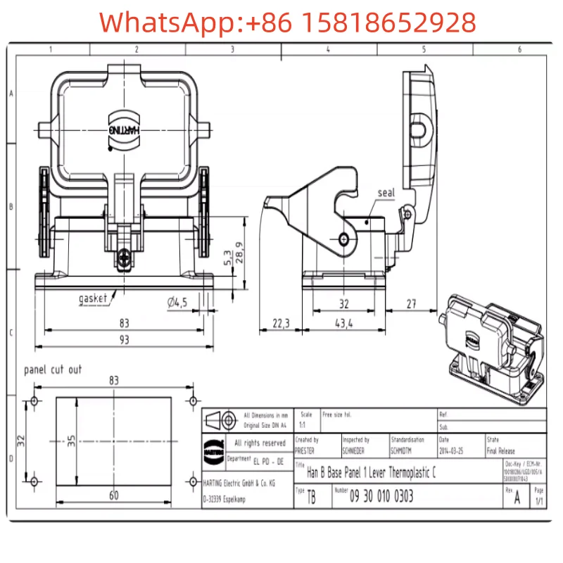 1pcs 09300100303 HARTING Connector Open Hole Base HAN-10B-HBM-SL-K with Cover ...