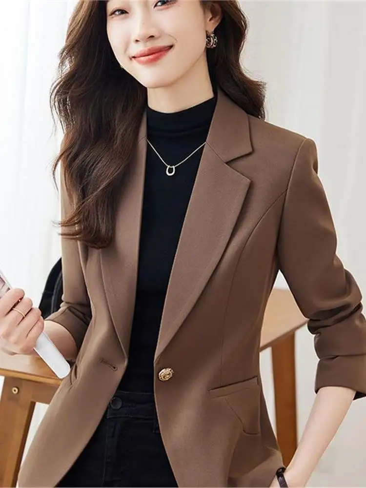 Café Brown Women's Suit Jacket Waist-Cinching Versatile Fashionable Spring Autumn Lightweight Casual Short Sleeve Top