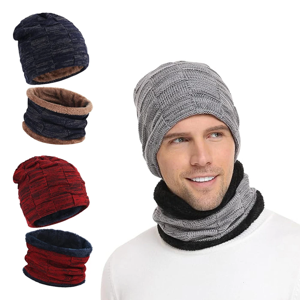 Winter Knit Beanie Hats Scarf Set Men Women Warm Skull Cap Neck Warmer with Thick Fleece Lined Slouchy Skull Cap for Unisex Gift