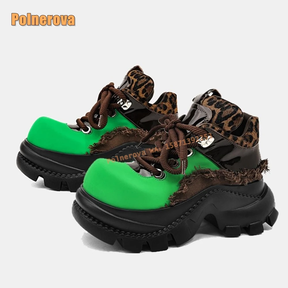 Leopard Lace-Up Green and Black Ankle Round Toe Tank Sole Platform Tassel Patchwork Punk Spicy Girl Sneakers 2024 Winter Newest