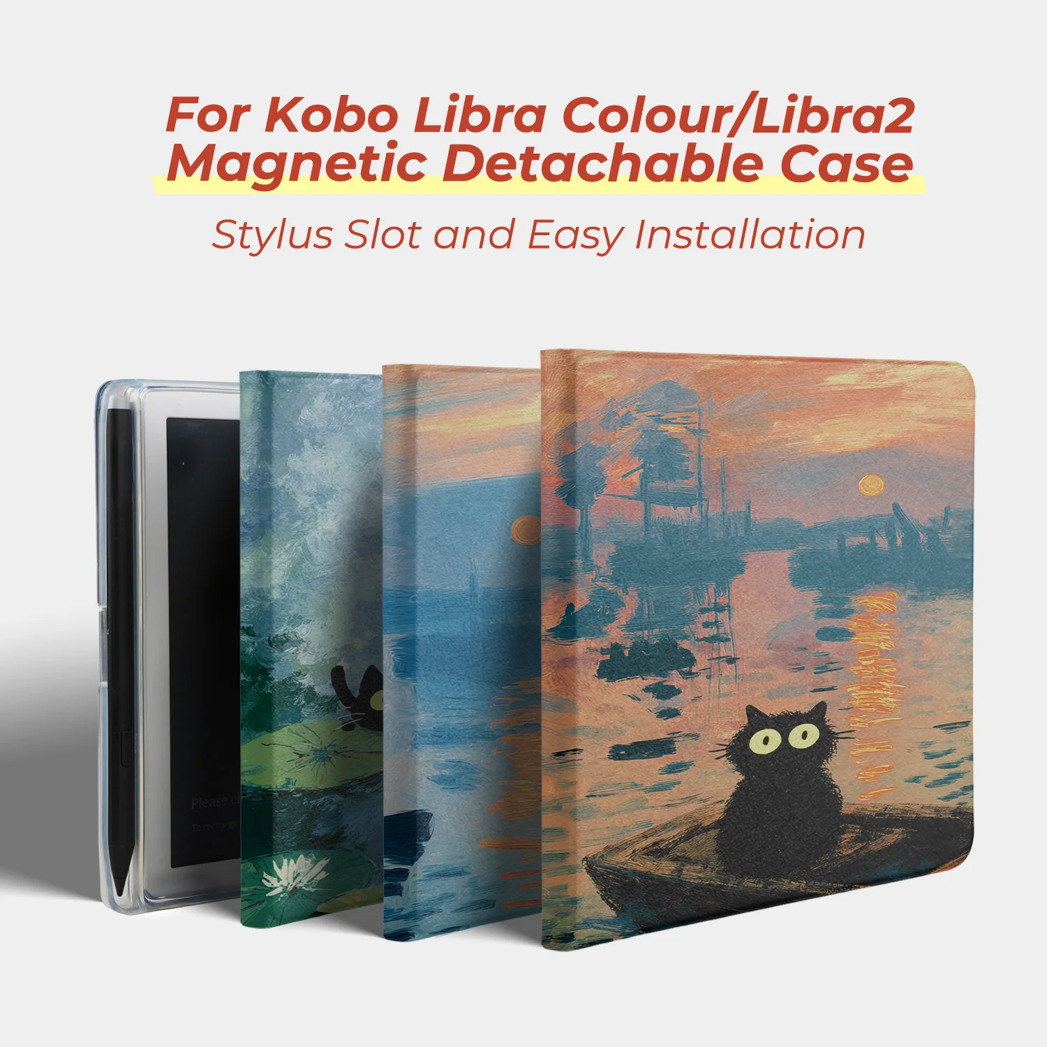 Twosheep suit for Kobo Libra Colour Kobo Libra2 Magnetic Detachable Case Cover with Stylus Slot Clear Back Auto Wake Monet Cats