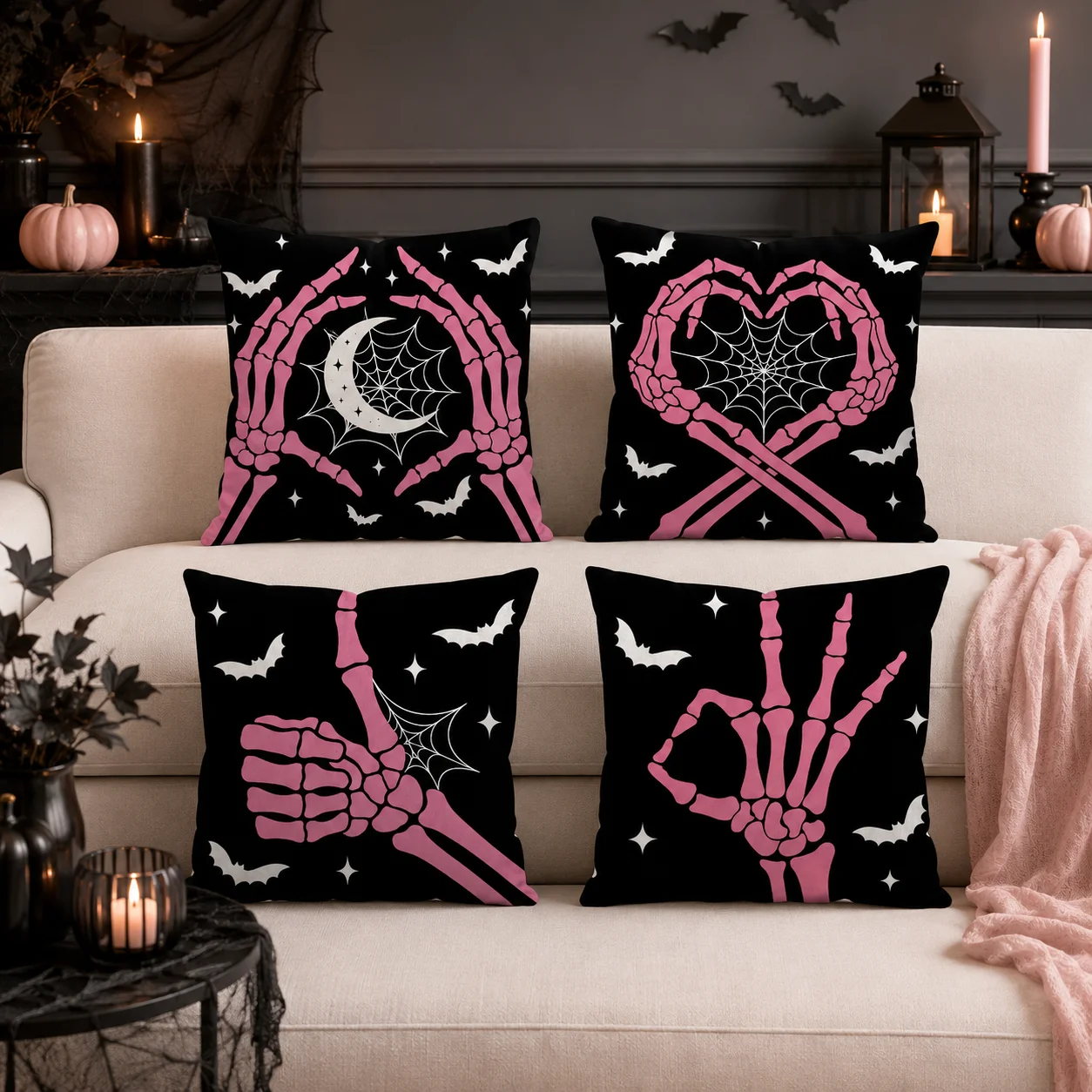 Halloween Pink Skeleton Hands Cushion Cover Double-Sided Plush Sofa Cushion Covers Organic Breathable Invisible Zipper