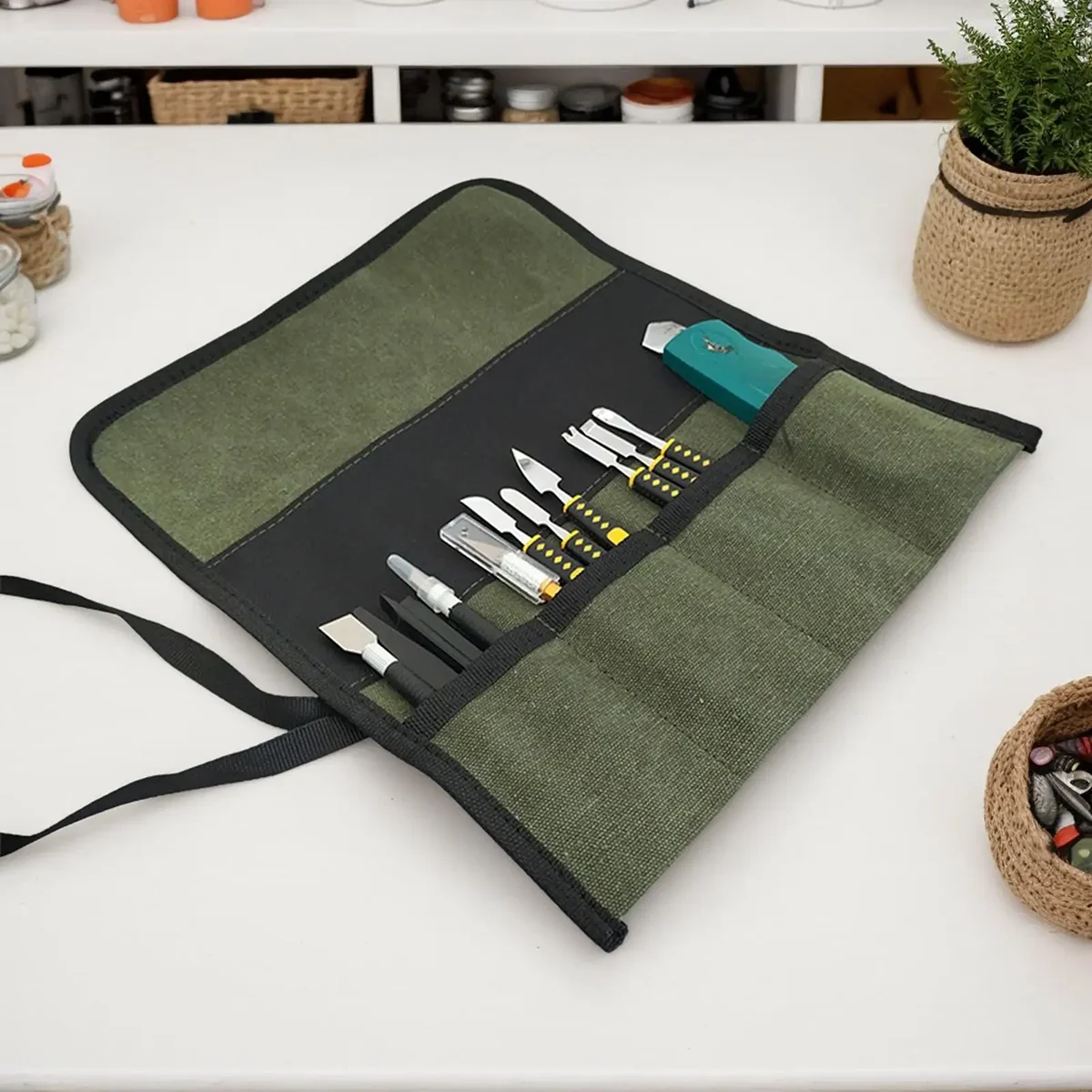 Foldable Canvas Tool Roll Bag, Multi Slot Portable Craft Carving Knife Storage Pouch with Tie Closure for Hobby Artist Tools