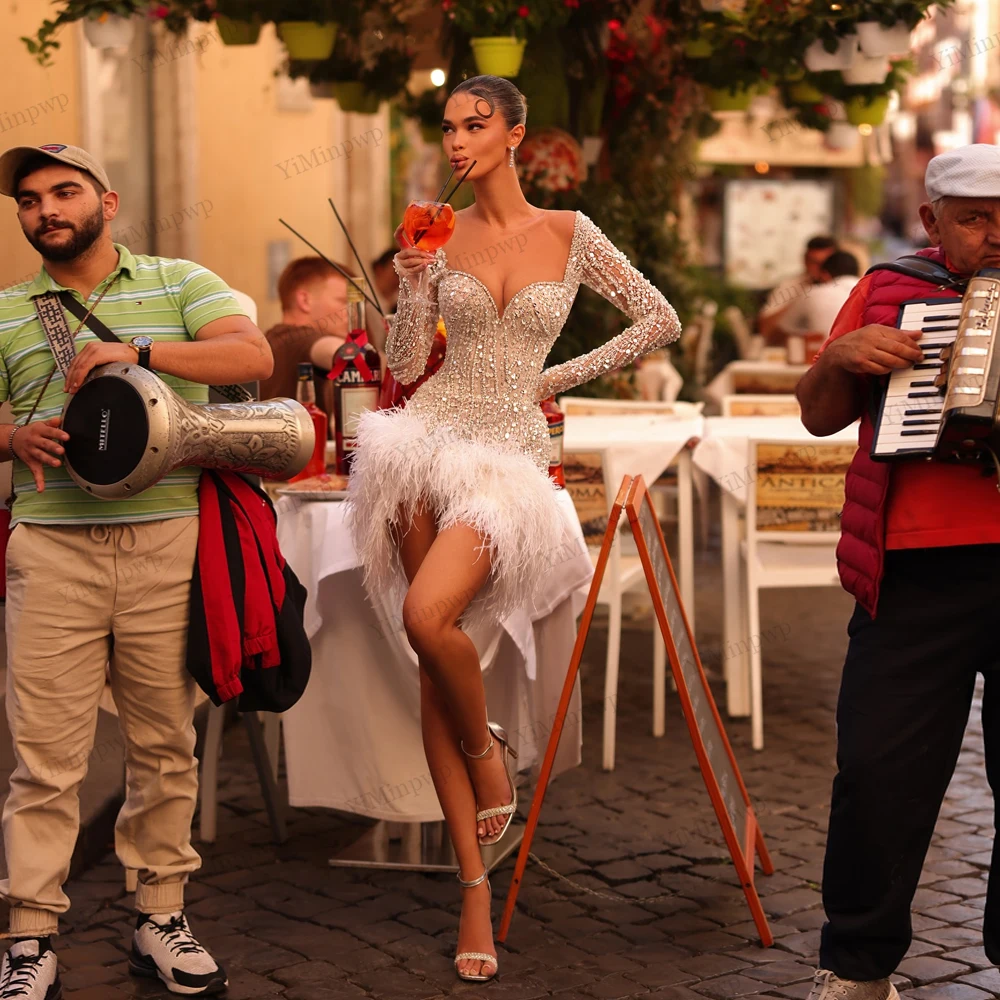 

Customized Champagne Mini O-Neck Sequin Feather Wedding Dress Long Sleeves vestidos de novia Lace Up Short Gown For After Party