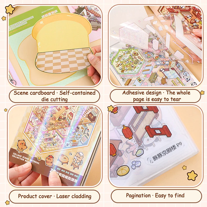 20Pcs Scenes Capybara Cartoon Cabin Scene Sticker Book DIY 3D Landscaping Sticker Birthday Gift for Child Student Wholesale