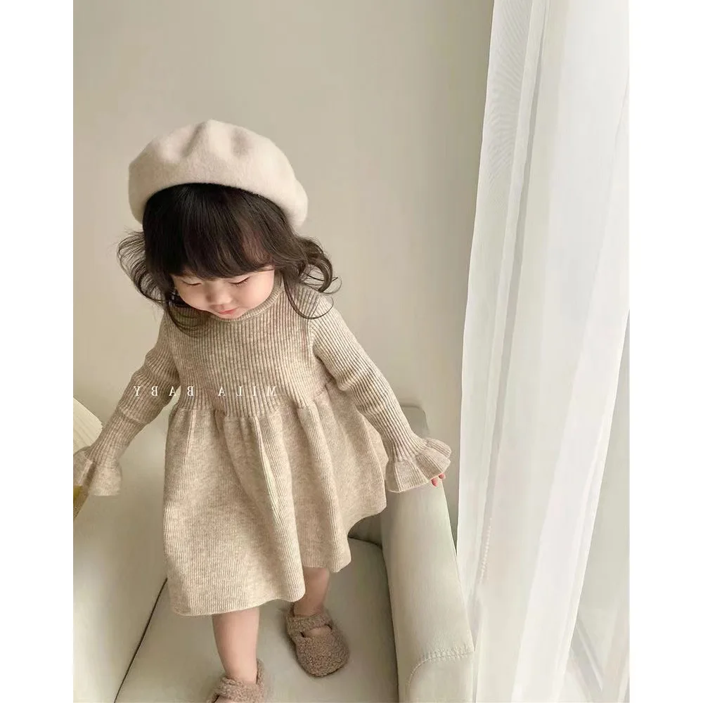 New Girls Winter Knit Dress, Long Sleeve Ribbed Dress for Baby Toddlers, Warm Lined Layer Dress, Cold Weather Clothing