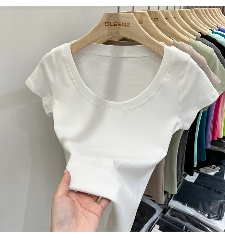 2026 Sexy Quadratischer Ausschnitt Slim T-Shirt Damen Baumwolle Elastisch Basic Einfarbig Lässige Oberteile Kurzarm Dünne T-Shirts Transparent – Detail 33