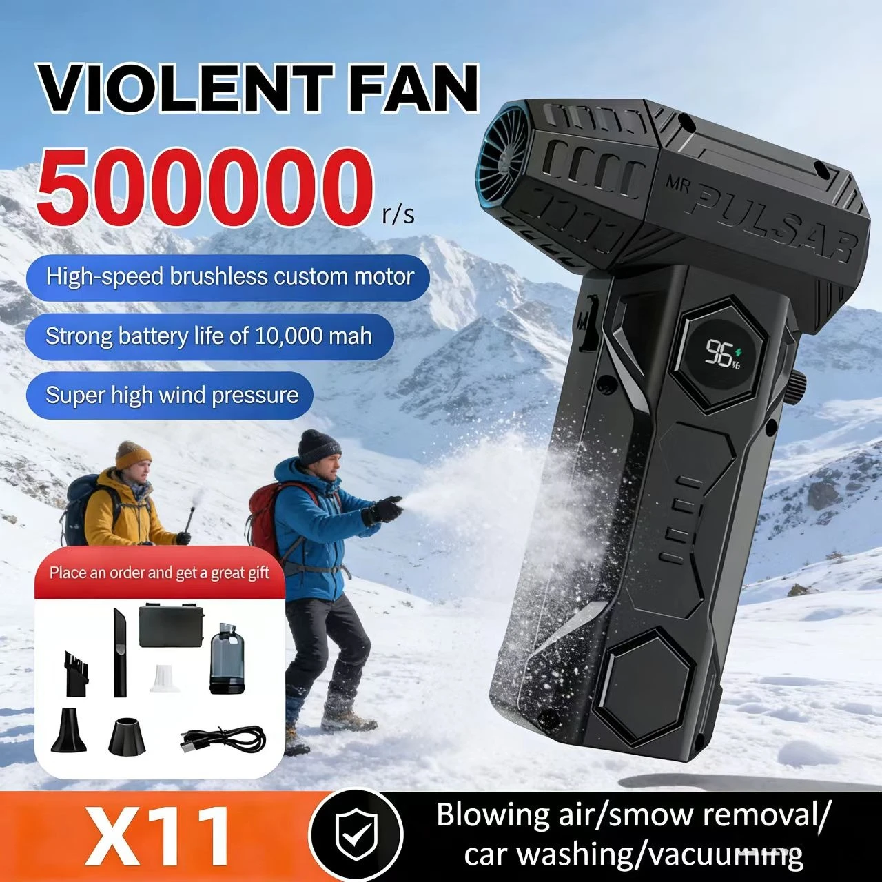 

Мощный фен с вентилятором, X11 500000 об/мин, дисплеем уровня заряда батареи, пылесос для снега и пыли, автомобильный струйный вентилятор, дополнительное использование.