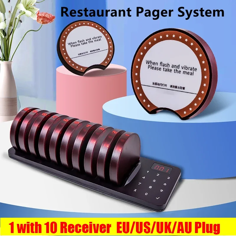 1 with 10 ReceiverWireless Calling System Beeper Buzzer Bell Receivers Vibrating Disc Caller for Meal Picker Cafe Milk Tea Shop