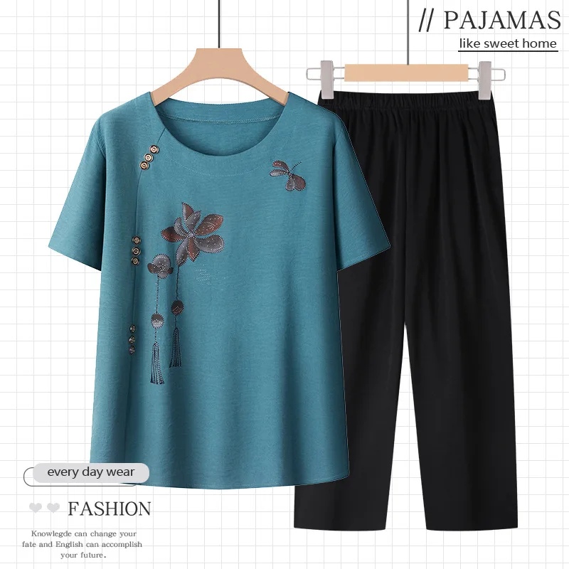 Conjunto de pijama feminino manga curta, gola redonda, pijama fino, roupa de casa, avó, verão