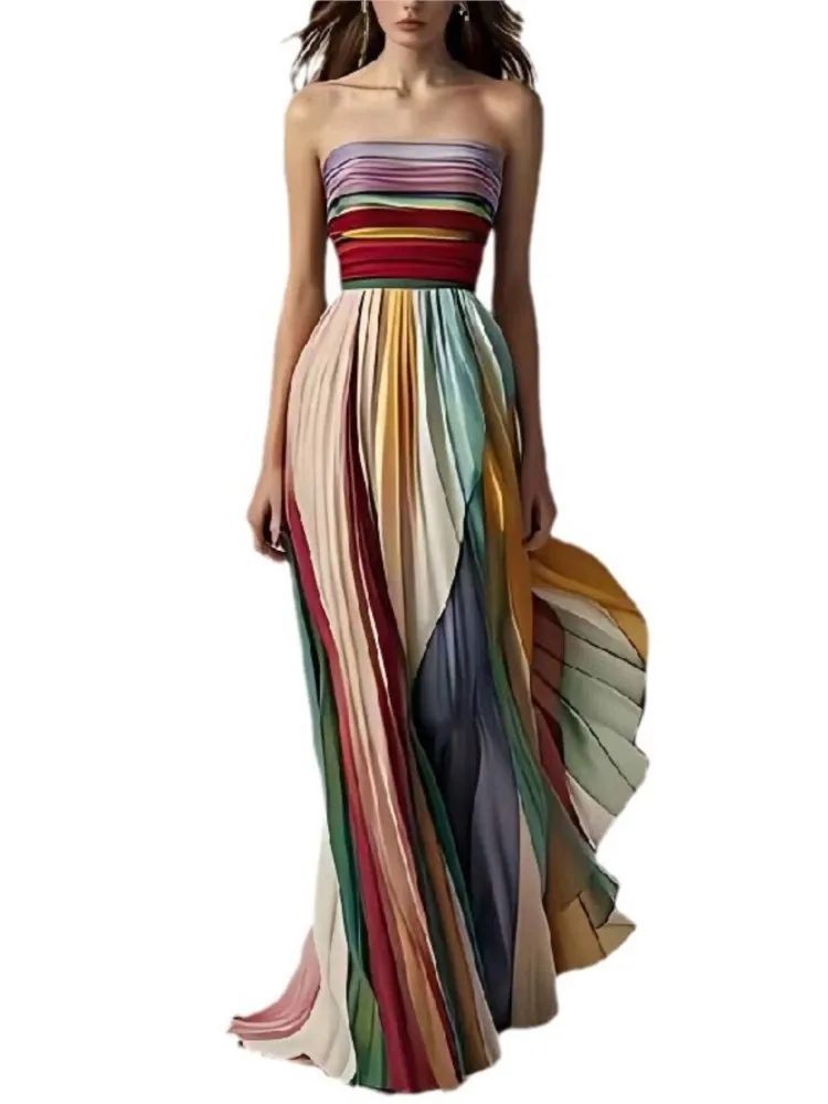 

Sexy Breast Wrapping Foreign Style Colorful Long Dress Woman's Fashion Party A-line Dresses Ladies Elegance Sleeveless Vestidos