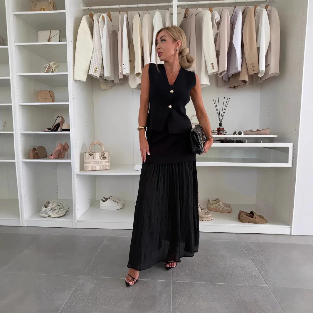 

Temperament Women's Skirt Two Piece Set Solid Color Sleeveless Vest See Through Patchwork A-line Skirts Sets Female 2025 New