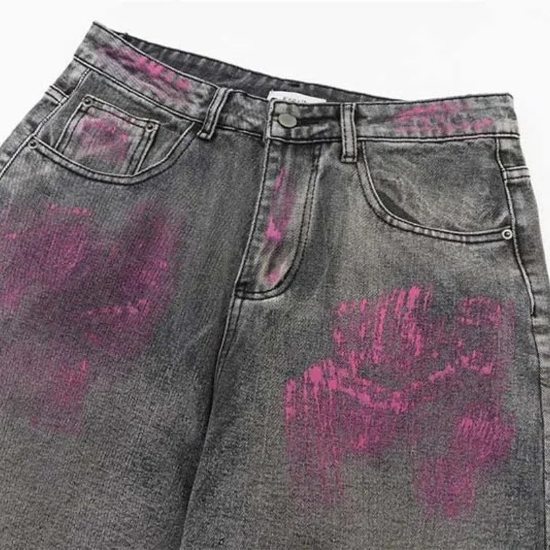 High Street Jeans Men Graffiti Spray-painted Washed Distressed Jeans For Lovers Hip Hop Streetwear Straight Denim Pants Men