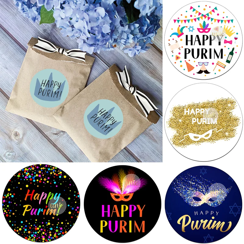 Happy Purim Label Stickers Self Adhesive Seal Stickers Greeting Jewish Holiday Festival Party Gift Bag Party Decor