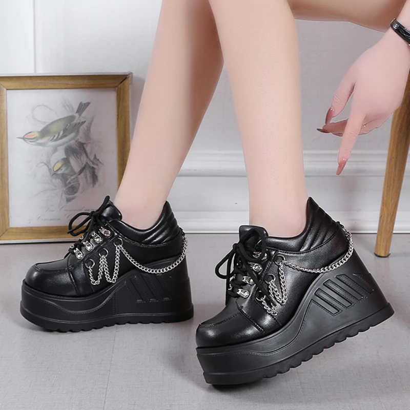 Metal Chain Punk Gothic Shoes Woman Thick Bottom High Wedge Sneakers for Women 2023 New Black Chunky Platform Y2K Uniform Shoes