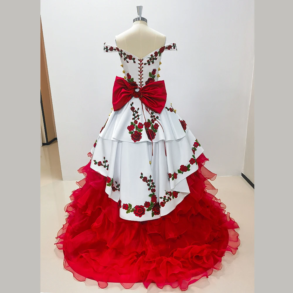 Lindo vestido de baile bordado, Fora do ombro arco camadas, Vestido de baile de cetim, Doce festa noturna, Quinceanera, 2023