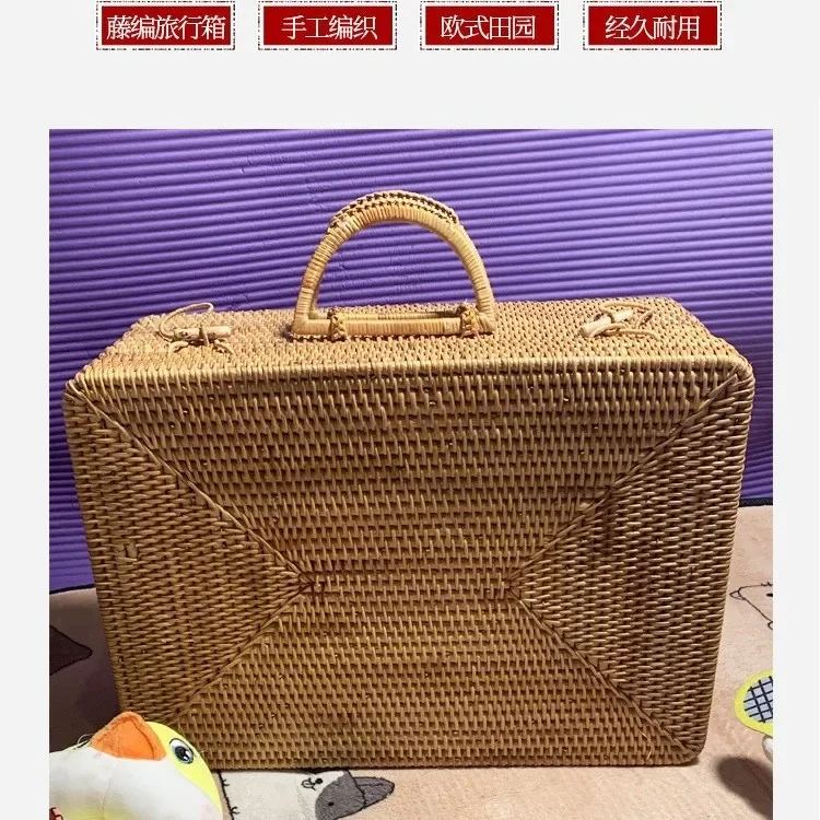 Handmade rattan carry-on suitcase, straw woven travel case, cosmetic storage box, vintage style