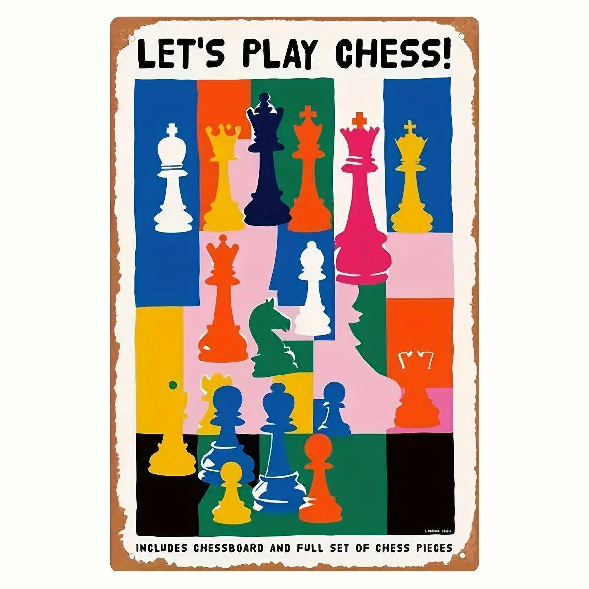 Vintage Chess Invitation Sign - Let's Play Chess! Retro Metal Wall Decor with Chessboard Pieces Game Room, Home, Office