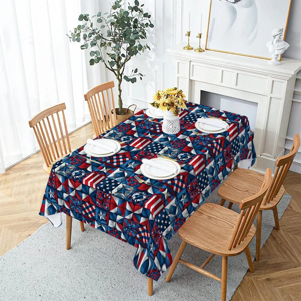 Rectangular Independence Day Flower Household Anti-fouling Tablecloth Coffee Table Waterproof and Oil-proof Fabric Mantel Mes