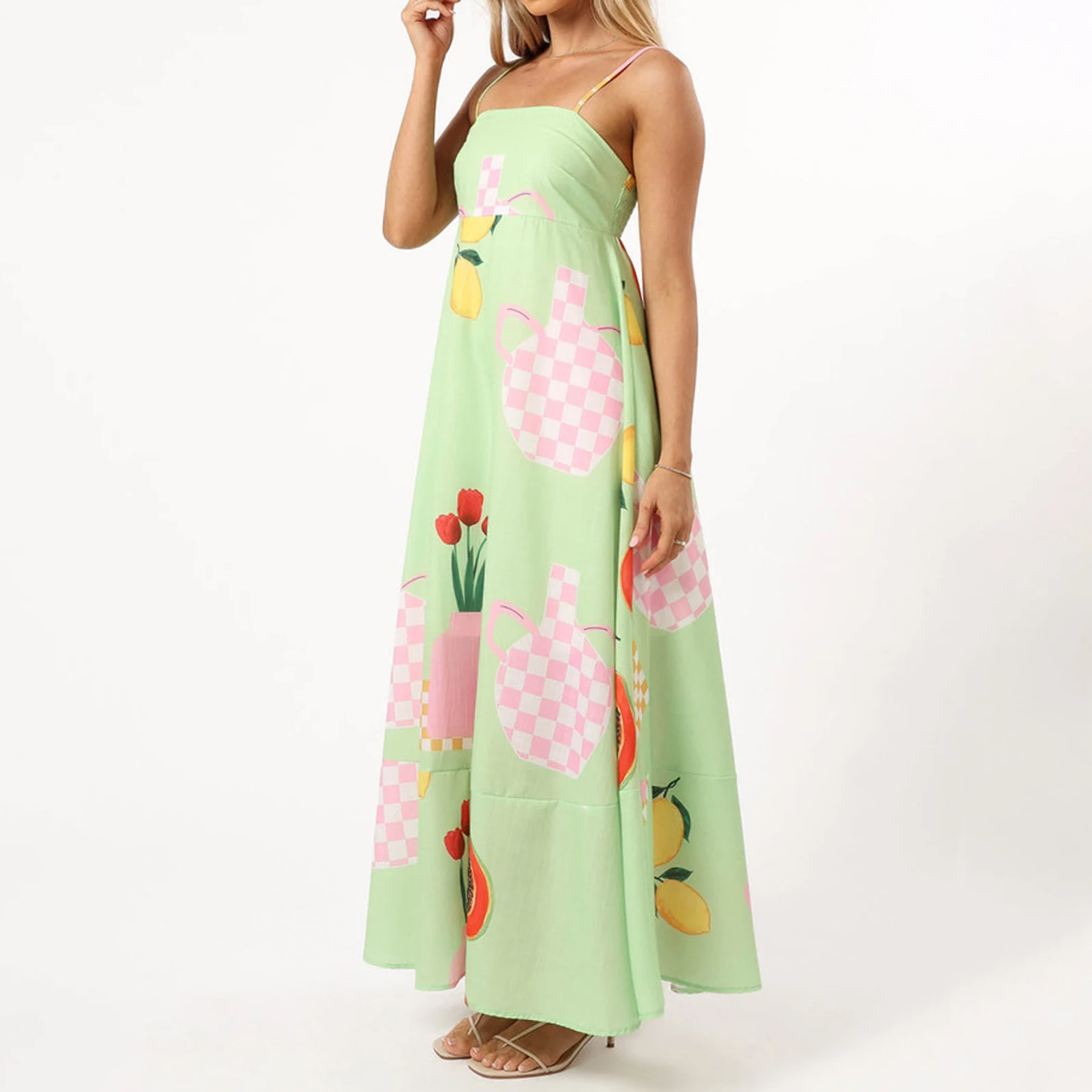 2025 Vestidos Women’s Summer Long Dress Casual Floral Fruit Print Sleeveless Spaghetti Strap Loose Beach Dress Flowy Dress