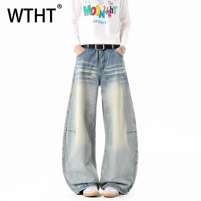 

WTHT Fashion Men's Wash Do Old Striped Spliced Design Denim Pants Vintage Wide Leg Loose Jeans Male 2026 Spring 2A2669