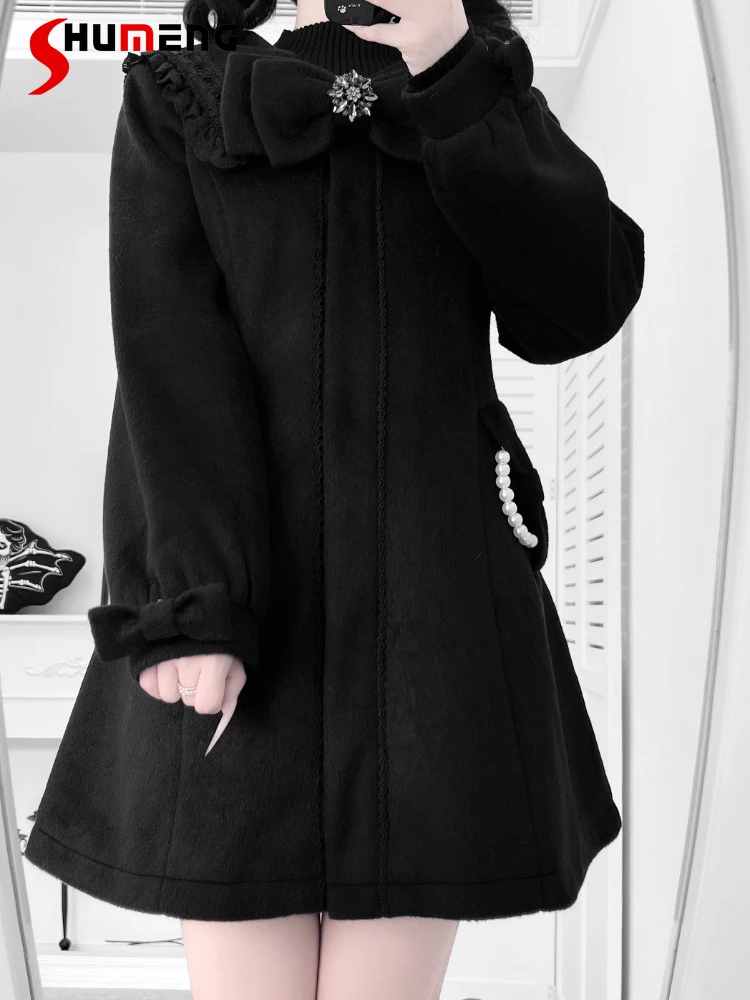 

Japanese Mines Style Mass-Produced Winter Wool Coats Round Neck Bow Single-Breasted Lolita Black Woolen Long Jackets for Women