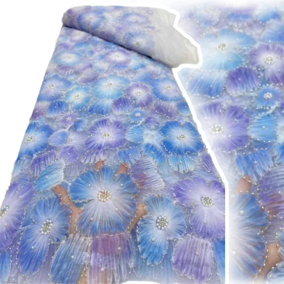

5 Yards Luxury 3D Flower French Net Lace with Sequins Latest Nigreian Beads Tulle Lace Embroidery Fabric for Wedding Dress A1490