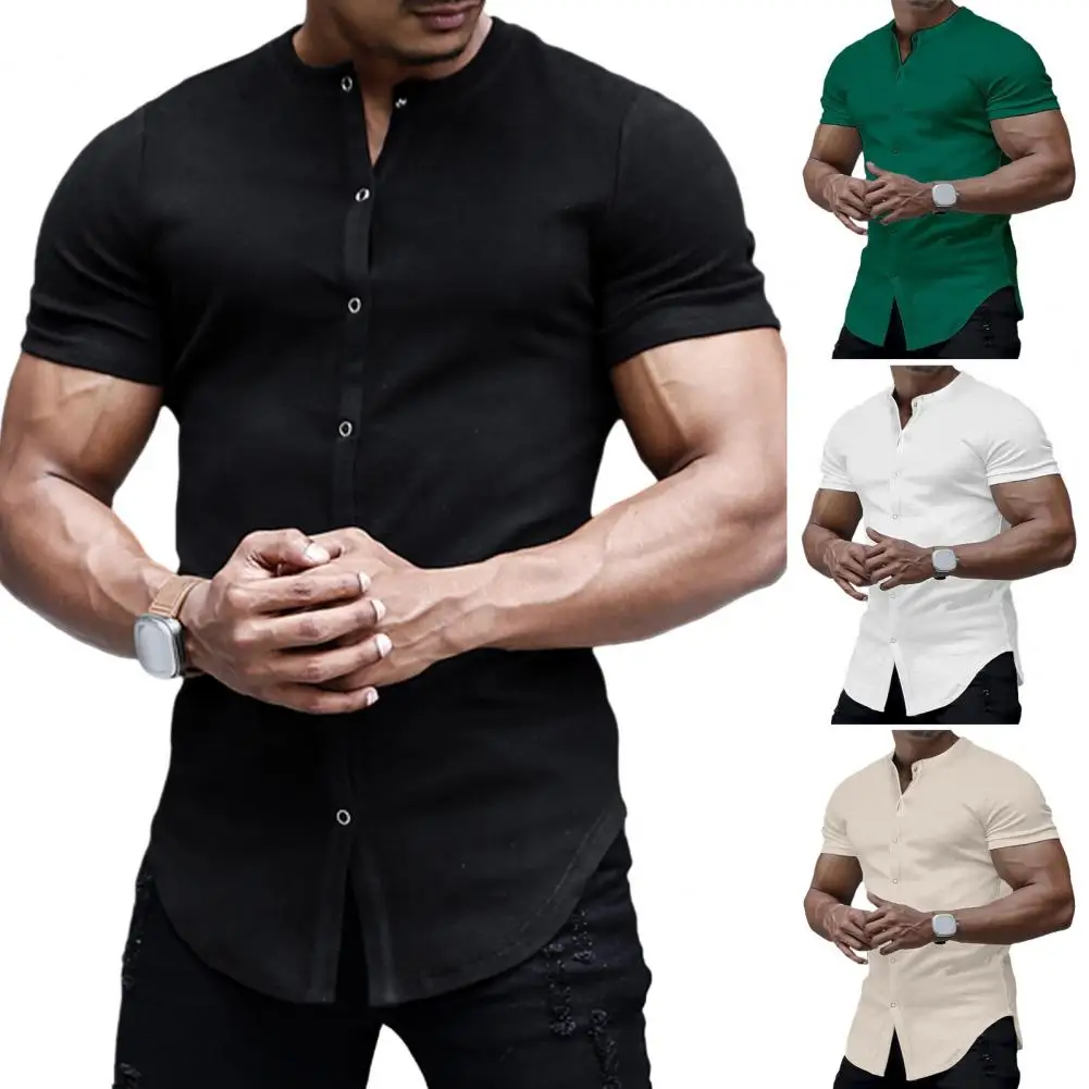 

Solid Color Casual Shirt Men's Stand Collar Slim Fit Summer Shirt Breathable Cardigan Top with Single-breasted Closure Soft Mid